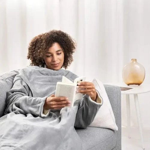 Плед-халат oversize довгий з кишенями з м’якого поліестеру, худі-плед (плед-кофта)