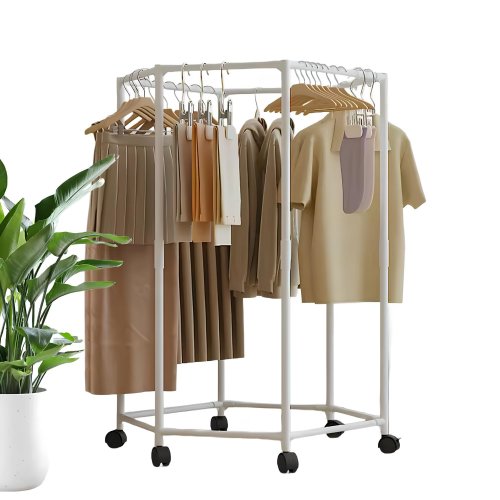 Поворотна вішалка-стійка для одягу 360°: шестикутна, на коліщатках, для спальні/гардеробної