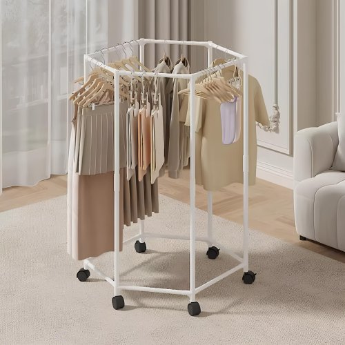 Поворотна вішалка-стійка для одягу 360°: шестикутна, на коліщатках, для спальні/гардеробної