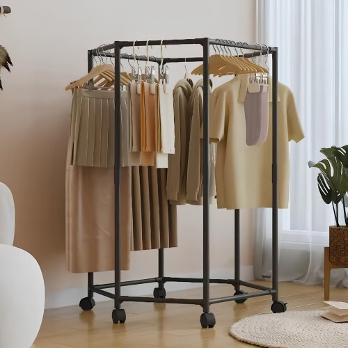 Поворотна вішалка-стійка для одягу 360°: шестикутна, на коліщатках, для спальні/гардеробної