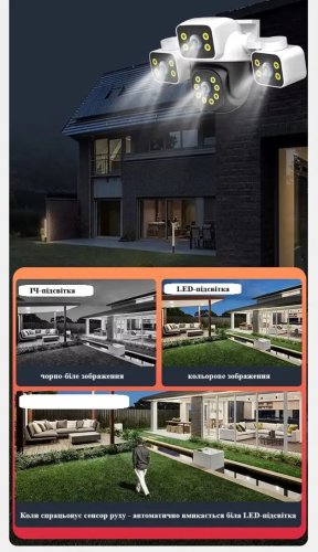 Вулична Wi‑Fi IP‑камера відеоспостереження 12MP HD, 3 об’єктиви (потрійна) з боковими лінзами