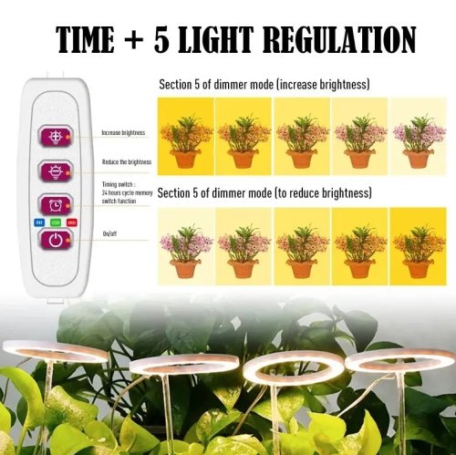 Фітолампа LED MA714 для росту рослин, 4 світлодіодні кільця, регульований напрямок світла