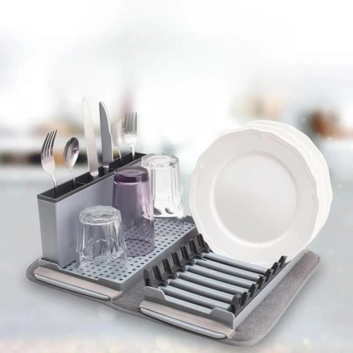 Кухонна сушарка для посуду з підставкою 41,5×33×13,5 см: піддон + мікрофібровий килимок