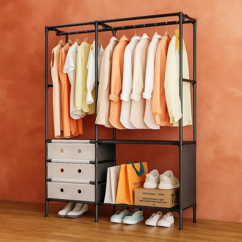 Підлогова стійка-вішалка для одягу YMJ-02 з полицями та штангою для вішаків