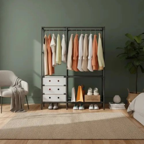 Підлогова стійка-вішалка для одягу YMJ-02 з полицями та штангою для вішаків