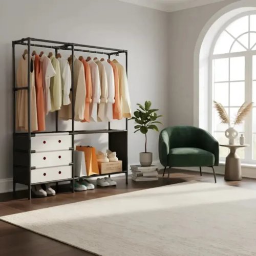 Підлогова стійка-вішалка для одягу YMJ-02 з полицями та штангою для вішаків