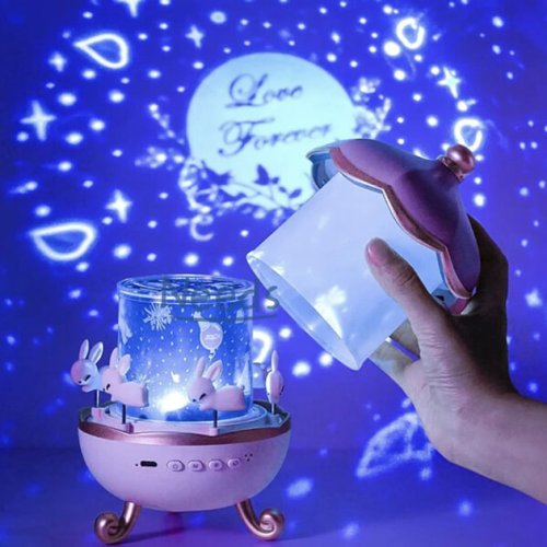 Музичний LED нічник «Карусель зайчиків» Bluetooth, обертання + 6 змінних картинок