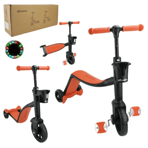 Дитячий триколісний самокат‑велобіг‑велосипед 3в1 SCO93 з сидінням, помаранчевий трансформер для прогулянок