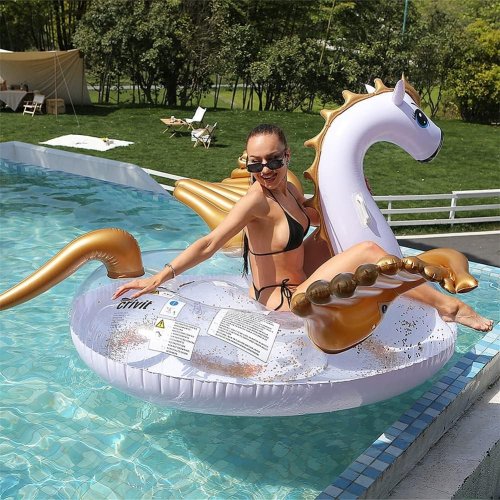 Надувне коло-пегас єдиноріг 250×250×130 см із золотими крилами для басейну та фотосесій