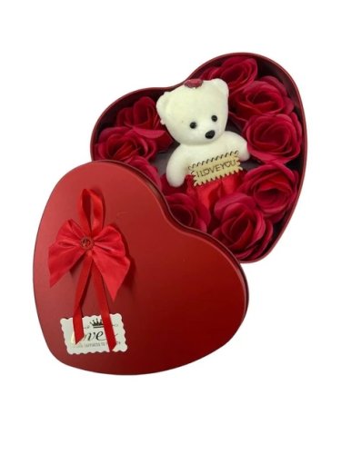 Подарунковий набір сувенірного мила: ведмедик і трояндочки в коробочці-сердечку
