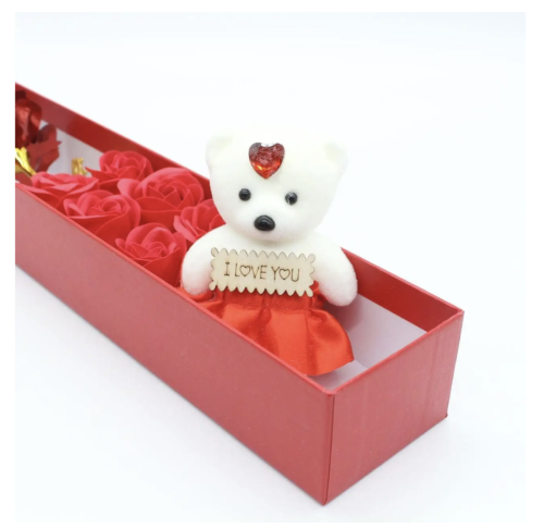 Подарункова коробка: троянди та ведмедик, квітковий набір із мила