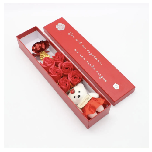 Подарункова коробка: троянди та ведмедик, квітковий набір із мила