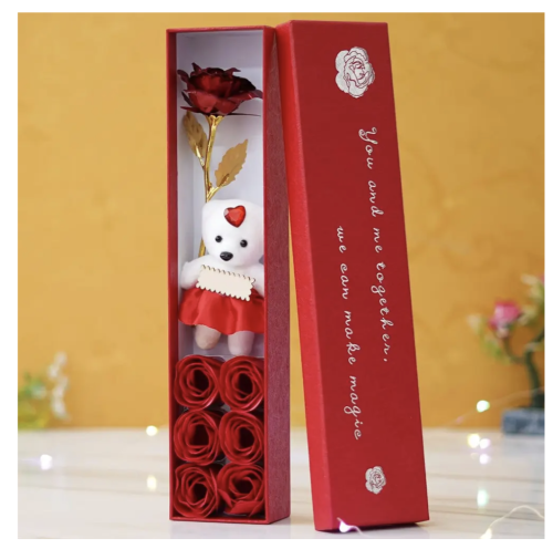 Подарункова коробка: троянди та ведмедик, квітковий набір із мила