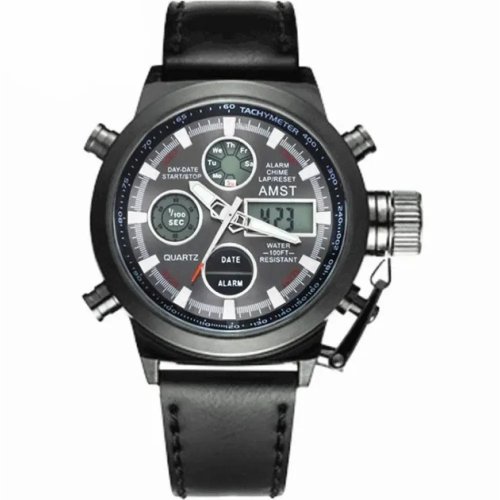Чоловічий кварцовий наручний годинник AMST Watch, чорний — стильний для щодня, роботи й подарунка