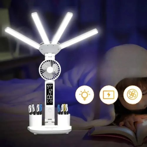 Настільна акумуляторна LED-лампа KRX-1011 з вентилятором, годинником, дисплеєм, підставкою, 3 режими, сенсорна