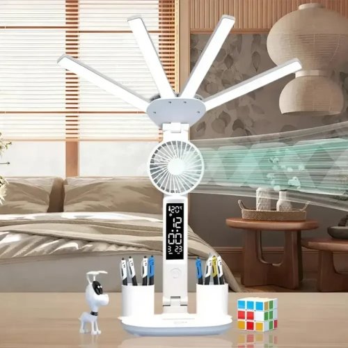 Настільна акумуляторна LED-лампа KRX-1011 з вентилятором, годинником, дисплеєм, підставкою, 3 режими, сенсорна