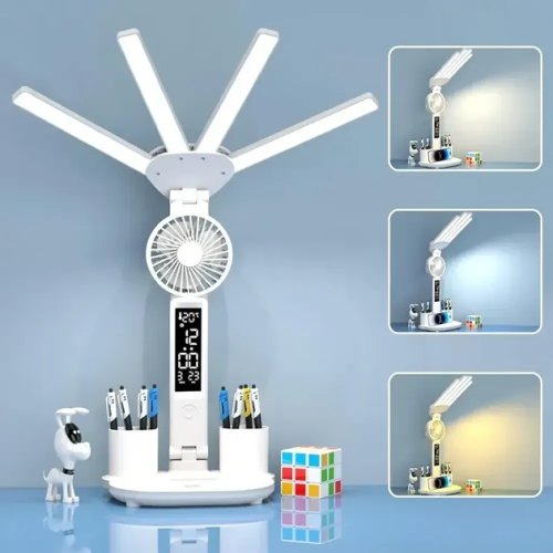 Настільна акумуляторна LED-лампа KRX-1011 з вентилятором, годинником, дисплеєм, підставкою, 3 режими, сенсорна