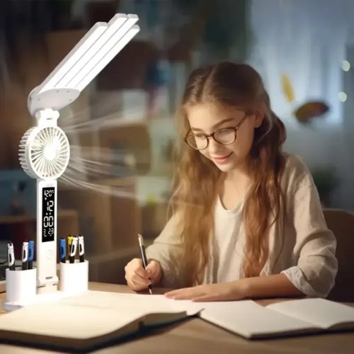 Настільна акумуляторна LED-лампа KRX-1011 з вентилятором, годинником, дисплеєм, підставкою, 3 режими, сенсорна