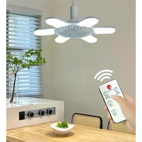 LED лампа-вентилятор 2-в-1 E27 AY1033 з пультом: 3 режими світла, 3 швидкості (дім/кухня/дача/офіс)