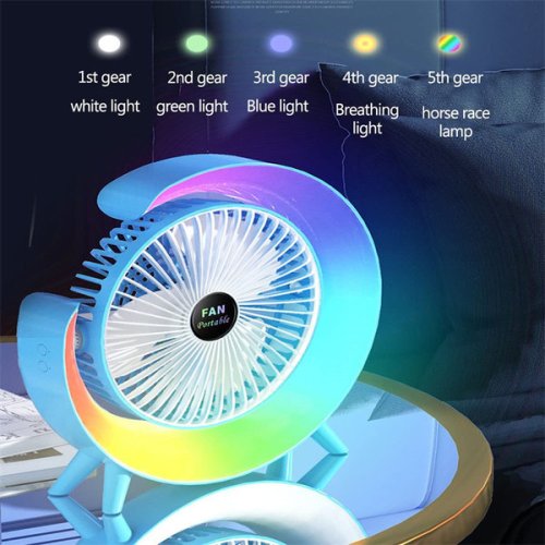 Настільний акумуляторний вентилятор з RGB-підсвіткою, поворот 180°, зарядка USB