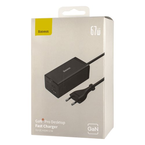 Baseus GaN5 Pro настільний зарядний 67W 1U+2C+HDMI, кабель 1.5 м, EU, чорний (CCGP110201)