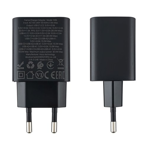 Зарядний пристрій HOCO N56 Fundador 2C+2U PD 30W, чорний (6942007632492)