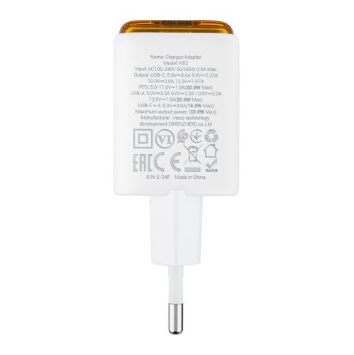 Зарядний пристрій HOCO N52 Monsoon PD 20W + QC 3.0, білий (6942007630375)