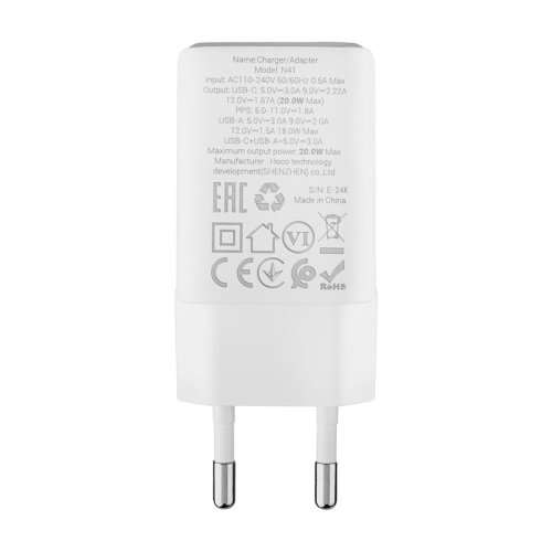 Мережевий зарядний HOCO N41 Almighty 20W PD + QC3.0, білий (6942007617031)